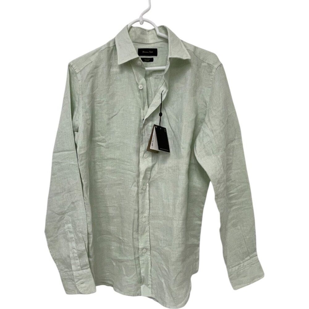 Massimo Dutti Mens Button Up Shirt Size S Green Linen Long Sleeve 0186/450 Nwt